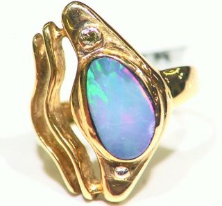 Vintage 14k Gold Natural Bolder Opal White Diamond Engagement Wedding Ring