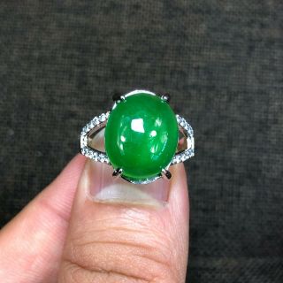 Rare S925 Silver & Green Jadeite Jade Oval Bead Chinese Handwork No.  6.  5 - 12 Ring