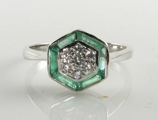 Class 9k 9ct White Gold Colombian Emerald Diamond Art Deco Ins Ring Resize