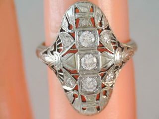 Lg Antique Art Deco 18k Gold Diamond Filigree Ring Gorgeous Crisp