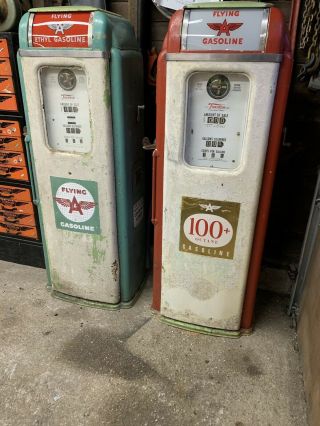 2 Antique Vintage National Flying A Gasoline Gas Pumps Pair