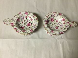 2 Antique Vintage Porcelain Tea Strainers W/ Under Cups - - - Pink Rose Chintz