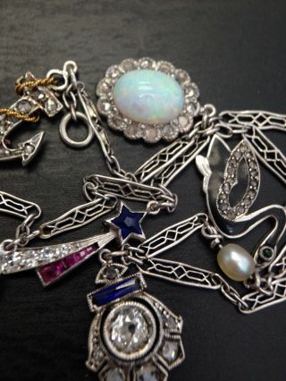 RESERVED Antique Art Deco Platinum Diamond and Gemstone Charm Bracelet 3
