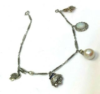 RESERVED Antique Art Deco Platinum Diamond and Gemstone Charm Bracelet 7