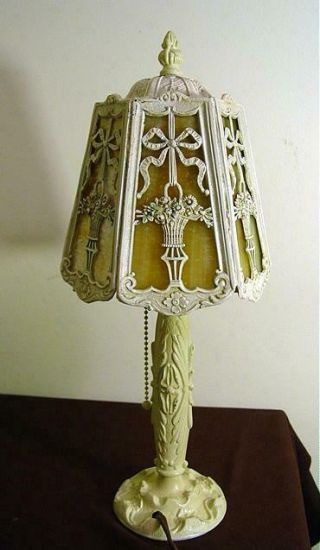 Art Deco 14 1/2 " Boudoir Lamp W/ 6 Slag Glass Panels & Flower Basket Pattern