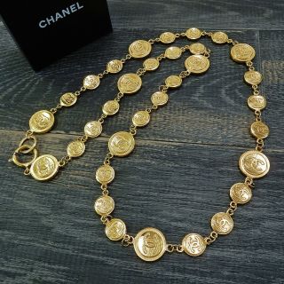 Chanel Gold Plated Cc Logos Coin Charm Vintage Chain Necklace 4573a Rise - On