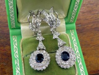 Vintage Palladium Art Deco Antique Sapphire Diamond Dangling Chandelier Earrings