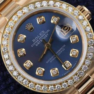 26mm Diamond Rolex 18k Yellow Gold Blue Dial Ladies Presidential Watch