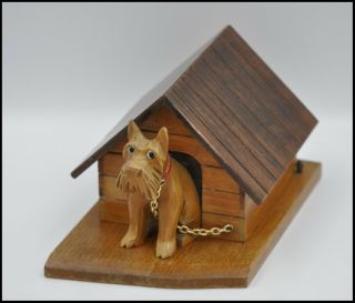 Vintage Carved Wood Figural Dog House Shaped Cigarette Box With Dog