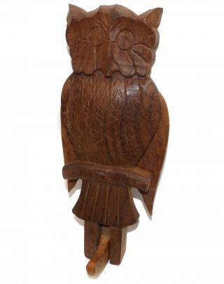 Vintage Carved Wood Black Forest Owl Coat Hook Hanger Wings Flap When