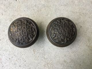 Antique Pair Eastlake Craftsman Mission Cast Iron Door Knobs Floral Geometric 8