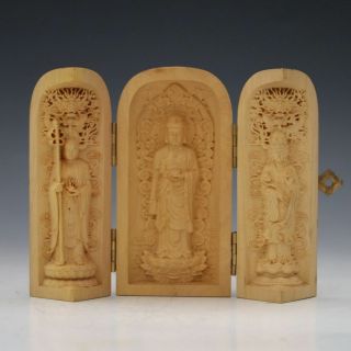 Decorated 100 Boxwood Highly Difficulty Carved Buddha Statue Folding Box B02