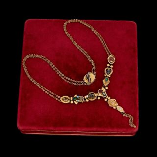 Antique Vintage Nouveau 14k Gold Australian Fire Opal Sapphire Slide Necklace
