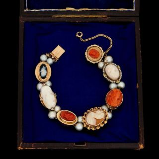 Antique Vintage Deco 10k 14k Gold Carved Salmon Coral Shell Pearl Cameo Bracelet