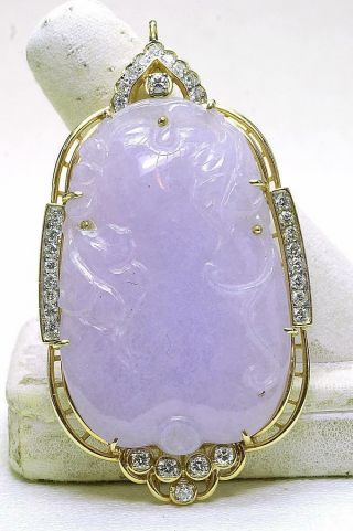 Vintage 18k Yellow Gold 60ct Carved Lavender Jade 1.  10ct.  Diamond Ladies Pendant