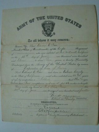 Wwi Era 1914 Us Army Cavalry Honorable Discharge Certificate Fort Bliss Tx