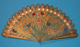 Fine Antique French Carved Horn Hand Painted Gold Gilded Brise Fan