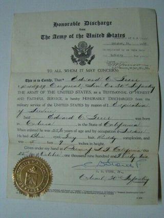 Wwi Us Army Infantry Soldier Honorable Discharge 1908 To 1932 Presidio San Fran