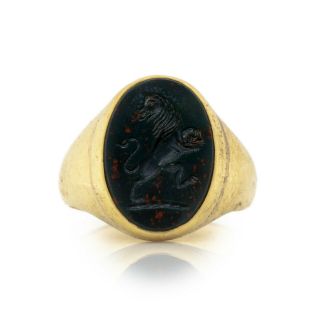 Antique Vintage Nouveau 18k Gold Bloodstone Heraldic Intaglio Mens Ring Sz 10.  75 2