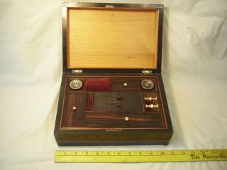 Vintage Lap Top Desk Set W.  Glass,  Metal Inkwells In Wood Box.