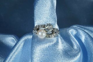 ANTIQUE VICTORIAN 18K GOLD OLD CUT DIAMOND PEARL ' TOI ET MOI ' RING 2