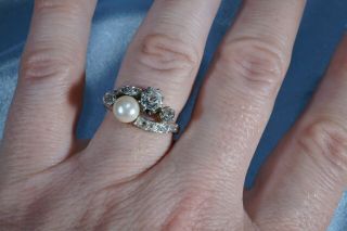 ANTIQUE VICTORIAN 18K GOLD OLD CUT DIAMOND PEARL ' TOI ET MOI ' RING 7