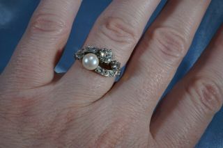 ANTIQUE VICTORIAN 18K GOLD OLD CUT DIAMOND PEARL ' TOI ET MOI ' RING 9