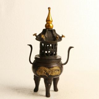 Chinese Copper Gilding Incense Burner—hand Carved Dragon W Qianlong Mark Kt0090