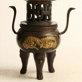 Chinese Copper gilding Incense burner—Hand Carved Dragon W Qianlong Mark KT0090 3