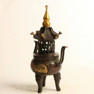 Chinese Copper gilding Incense burner—Hand Carved Dragon W Qianlong Mark KT0090 4