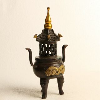 Chinese Copper gilding Incense burner—Hand Carved Dragon W Qianlong Mark KT0090 5