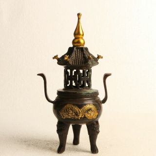 Chinese Copper gilding Incense burner—Hand Carved Dragon W Qianlong Mark KT0090 6