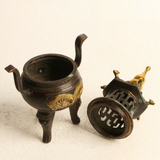 Chinese Copper gilding Incense burner—Hand Carved Dragon W Qianlong Mark KT0090 7
