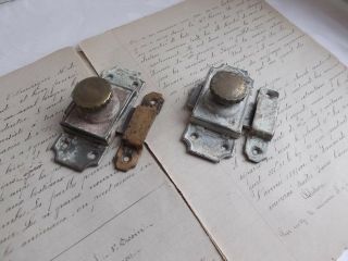 French Antique Slide Latch Locks Brass Knob Receiver Set Of 2 C.  1900 - 30