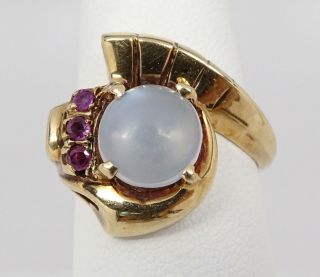 Antique Art Deco 14k Yellow Gold,  Moonstone Cabochon & Ruby Ring Size 6.  25