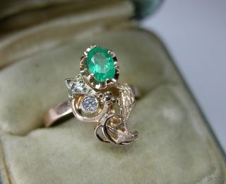 Vintage Russian Soviet 583 14k Rose Gold Natural Emerald Diamond Ring