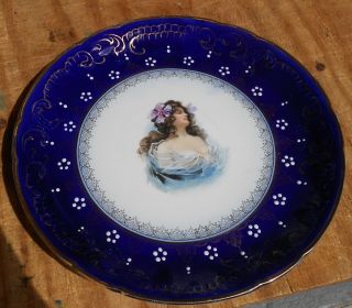 Big Flo Blue Royal ? Porcelain Lady Portrait Painted Plate Plaque
