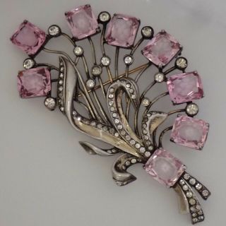 HUGE VINTAGE EISENBERG STERLING SILVER PINK RHINESTONE FLOWER BOUQUET BROOCH 11