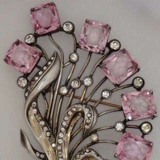Huge Vintage Eisenberg Sterling Silver Pink Rhinestone Flower Bouquet Brooch