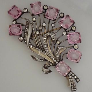 HUGE VINTAGE EISENBERG STERLING SILVER PINK RHINESTONE FLOWER BOUQUET BROOCH 2