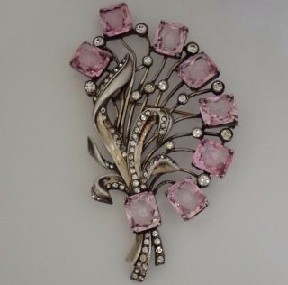 HUGE VINTAGE EISENBERG STERLING SILVER PINK RHINESTONE FLOWER BOUQUET BROOCH 3