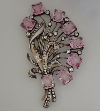 HUGE VINTAGE EISENBERG STERLING SILVER PINK RHINESTONE FLOWER BOUQUET BROOCH 5