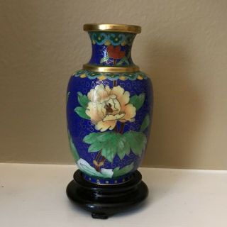 Vintage Chinese Cloisonné Small Vase W/ Wood Stand - Gilt Floral Peony - Multicolor