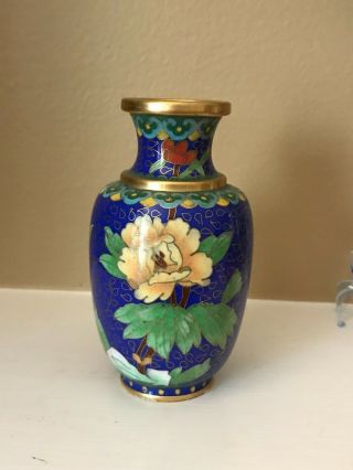 Vintage Chinese Cloisonné Small Vase w/ Wood Stand - Gilt Floral Peony - Multicolor 2