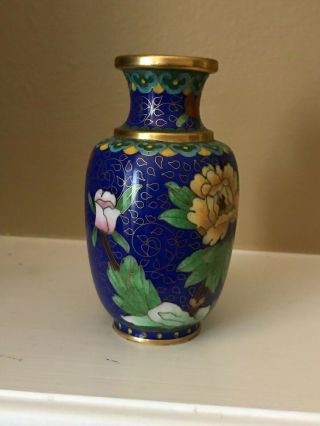 Vintage Chinese Cloisonné Small Vase w/ Wood Stand - Gilt Floral Peony - Multicolor 5