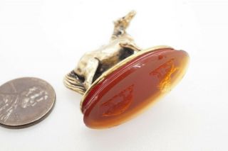 ANTIQUE FRENCH 18K GOLD HORSE SHAPED FOB & LION HEDGEHOG CREST AGATE SEAL 4