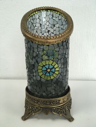 Vintage Antique Indian Brass Stained Glass Candle Sconce Plinth Holder Vase