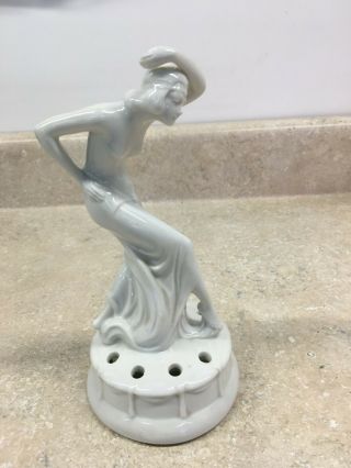 Nude Figure Art Deco Flower Frog White Pottery Figurine Vintage Lady Dancer Fig