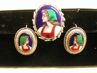 14kt French Enamel Portrait Set Pendant/earrings Seed Pearls