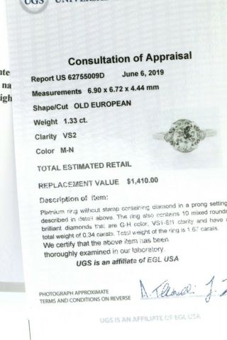 Antique EGL USA Platinum 1.  67CT VS Old Miner diamond wedding ring size 8.  25 10